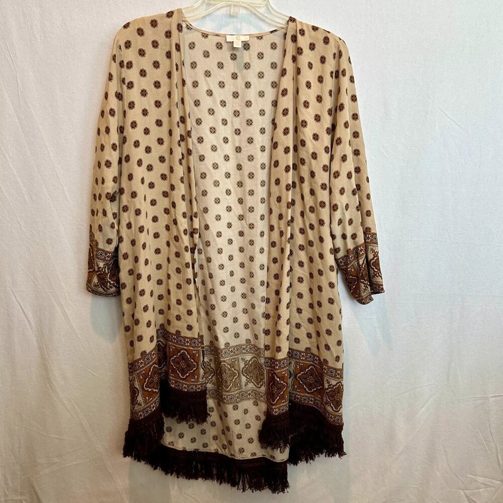 C Women's PLUS Duster Kimono Long Cardigan Boho Fringe Block Print Western Light